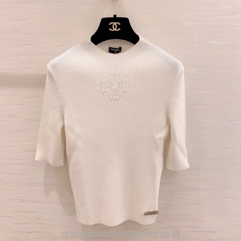 Camicia A Maniche Corte Donna Chanel Rib Knit Di Qualità Originale Collezione Autunno/inverno 2020 Bianca