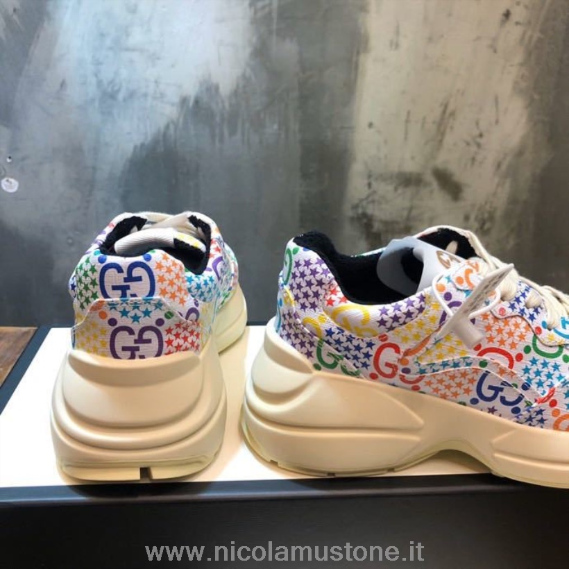 Qualità Originale Gucci Psichedelico Rhyton Dad Sneakers 619891 Pelle Di Vitello Pelle Collezione Primavera/estate 2020 Bianco