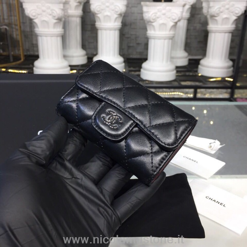 Qualità Originale Chanel 6 Portachiavi Custodia Hardware Argento Pelle Dagnello Collezione Autunno/inverno 2018 Nero