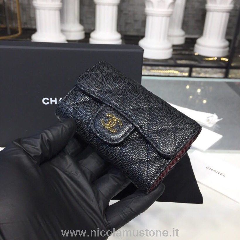 Qualità Originale Chanel 6 Portachiavi Custodia Hardware Oro Pelle Caviale Collezione Autunno/inverno 2018 Nero