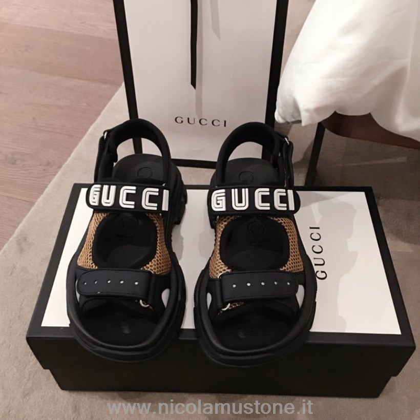 Qualità Originale Gucci Logo Open Track Velcro Sandali Pelle Di Vitello Collezione Primavera/estate 2020 Nero