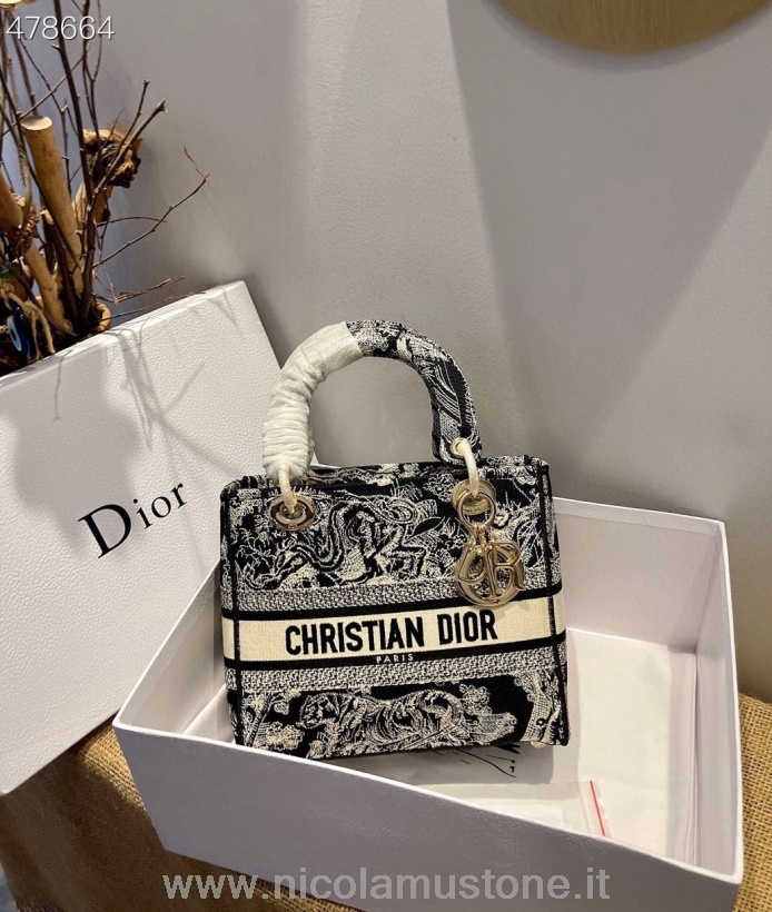 Qualità Originale Christian Dior Lady Dior D-lite Toile De Jouy Reverse 24 Cm Con Hardware Oro Ricamo Tela Primavera/estate 2021 Collezione Nero