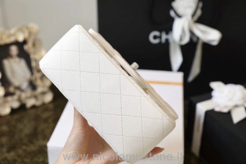 Qualità Originale Chanel Classic Mini Borsa Con Patta 18 Cm Hardware Argento Pelle Caviale Collezione Primavera/estate 2020 Bianco