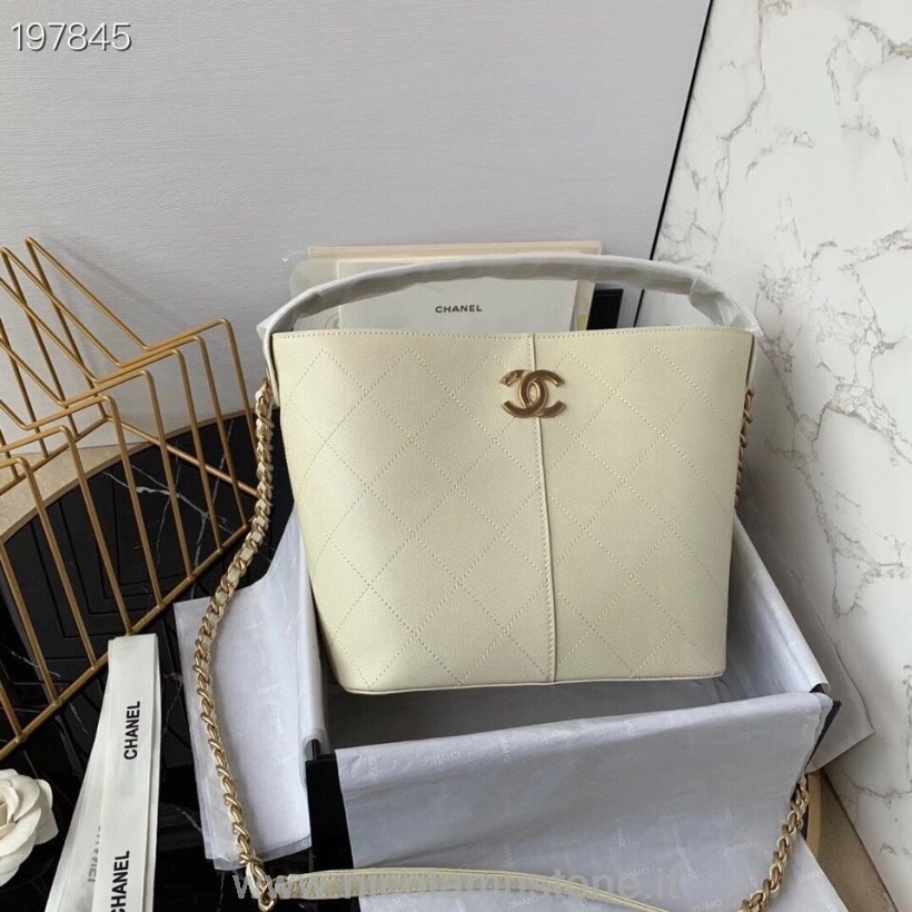 حقيبة تسوق شانيل ذات جودة أصلية 24 سم من جلد الخراف المحبب من جلد الخراف الذهبي كروز 2021 مجموعة موسمية بيضاء