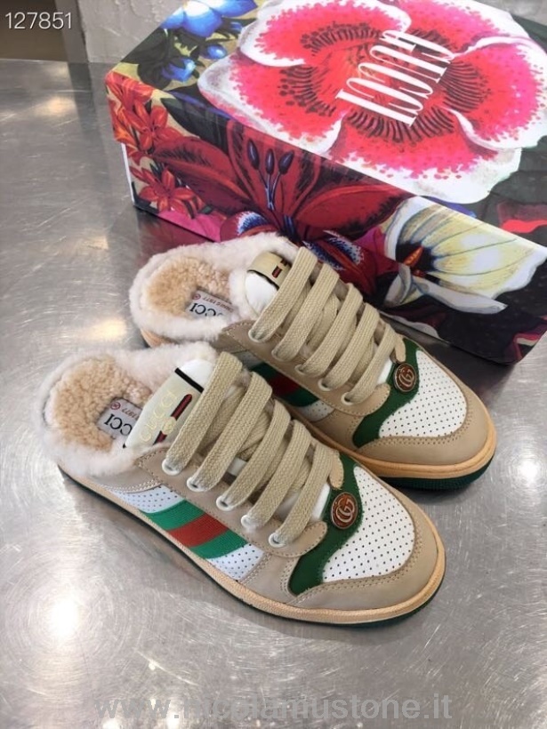 Sneaker Original Quality Gucci Screener Slider On Fur 70443 Pelle Di Vitello Collezione Autunno/inverno 2020 Bianco