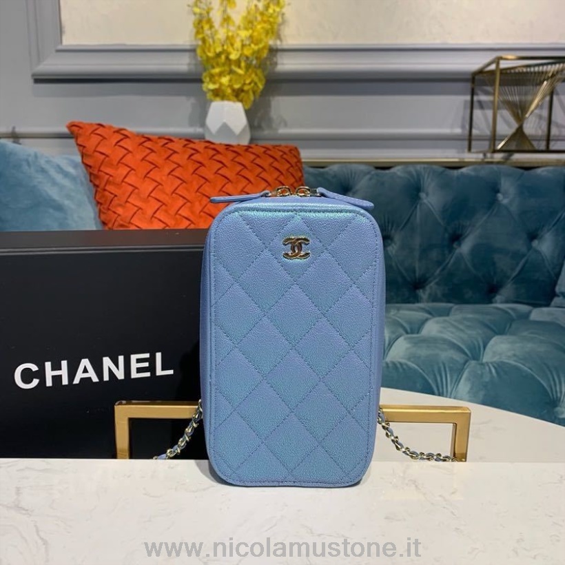 Qualità Originale Chanel Cc Verticale Vanity Case Borsa 18cm Hardware Oro Caviale Pelle Crociera Collezione 2019 Azzurro