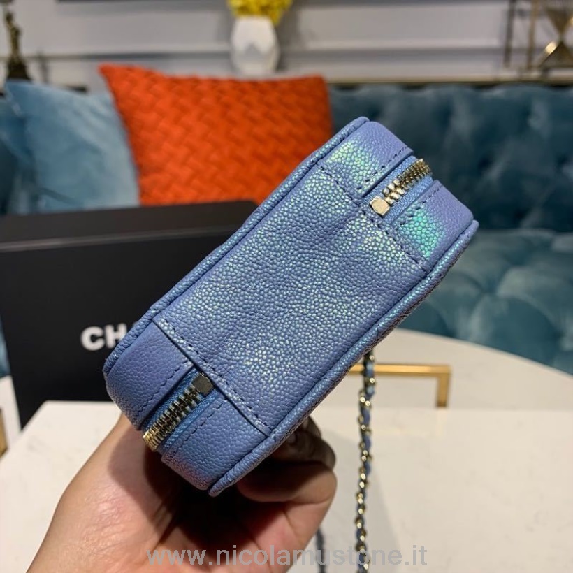 Qualità Originale Chanel Cc Verticale Vanity Case Borsa 18cm Hardware Oro Caviale Pelle Crociera Collezione 2019 Azzurro