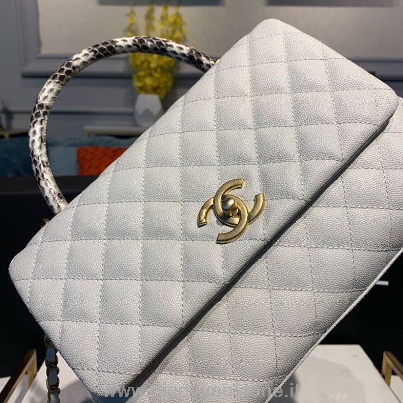 Qualità Originale Chanel Coco Manico Trapuntato Lucertola Maniglia Borsa 30 Cm Caviale Pelle Hardware Oro Primavera/estate 2019 Act 1 Collezione Bianco/bianco