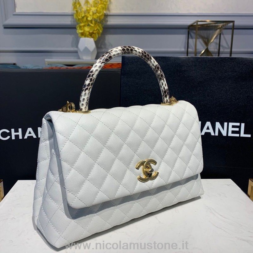 Qualità Originale Chanel Coco Manico Trapuntato Lucertola Maniglia Borsa 30 Cm Caviale Pelle Hardware Oro Primavera/estate 2019 Act 1 Collezione Bianco/bianco