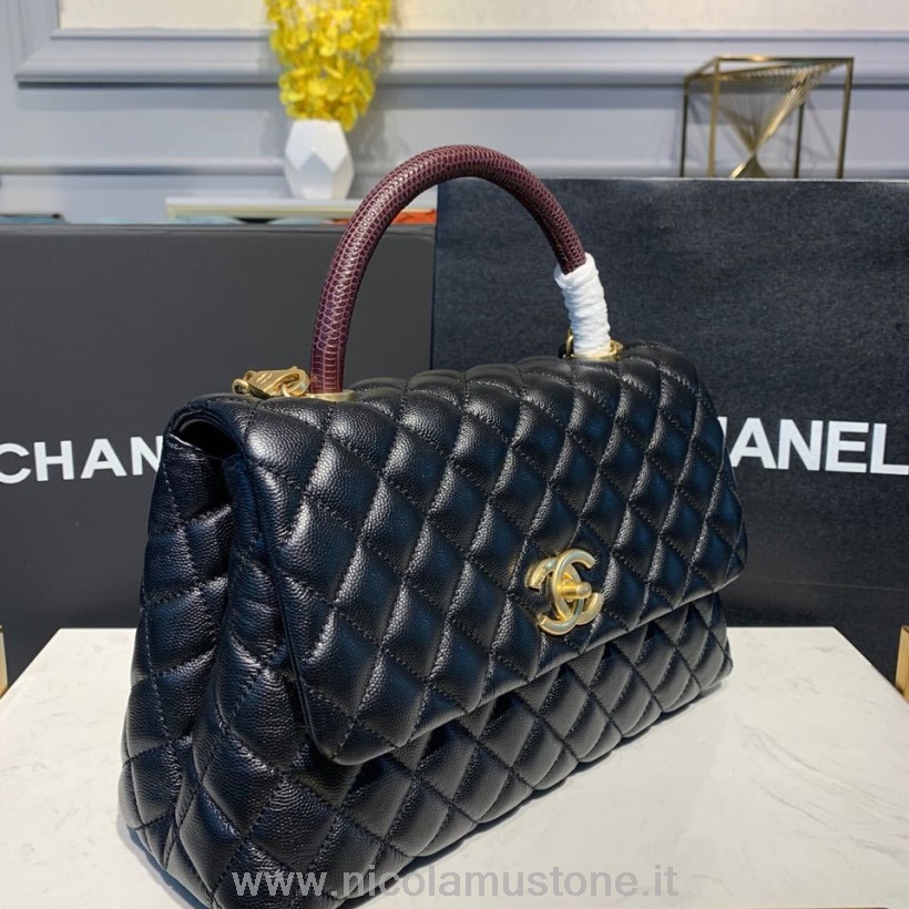 Qualità Originale Chanel Coco Manico Trapuntato Lucertola Maniglia Borsa 30 Cm Caviale Pelle Hardware Oro Primavera/estate 2019 Atto 1 Collezione Nero