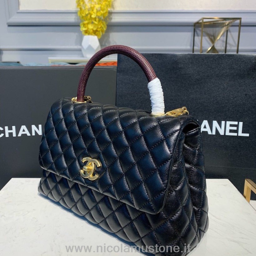 Qualità Originale Chanel Coco Manico Trapuntato Lucertola Maniglia Borsa 30 Cm Caviale Pelle Hardware Oro Primavera/estate 2019 Atto 1 Collezione Nero