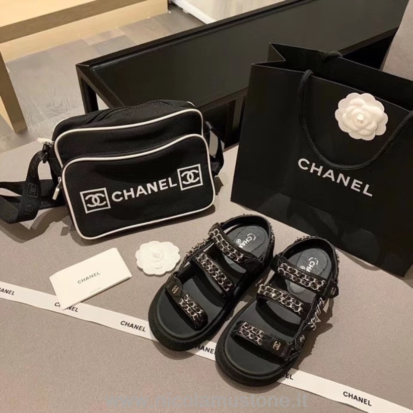 Sandali Chanel Con Plateau Ricamati A Catena Di Qualità Originale Pelle Di Vitello Collezione Primavera/estate 2020 Act 1 Nero