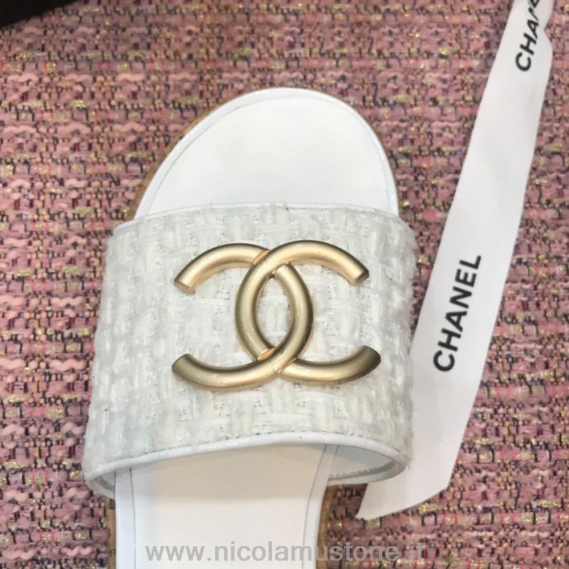 Sandali Chanel Tweed Mule Di Qualità Originale Pelle Di Vitello Collezione Primavera/estate 2020 Act 2 Bianco