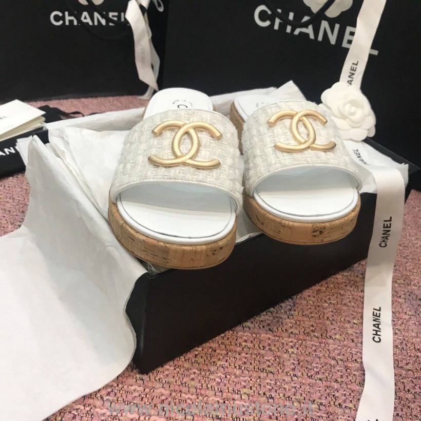 Sandali Chanel Tweed Mule Di Qualità Originale Pelle Di Vitello Collezione Primavera/estate 2020 Act 2 Bianco