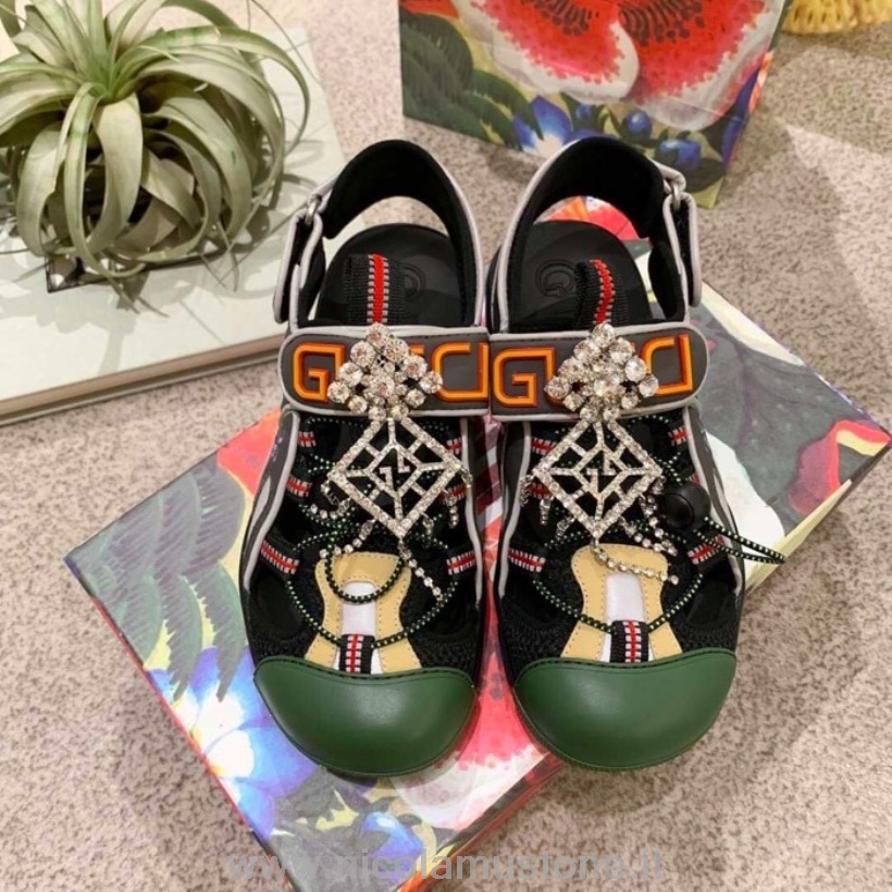 оригинални качествени мрежести сандали Gucci с кристали 571557 телешка кожа колекция пролет/лято 2019 черно