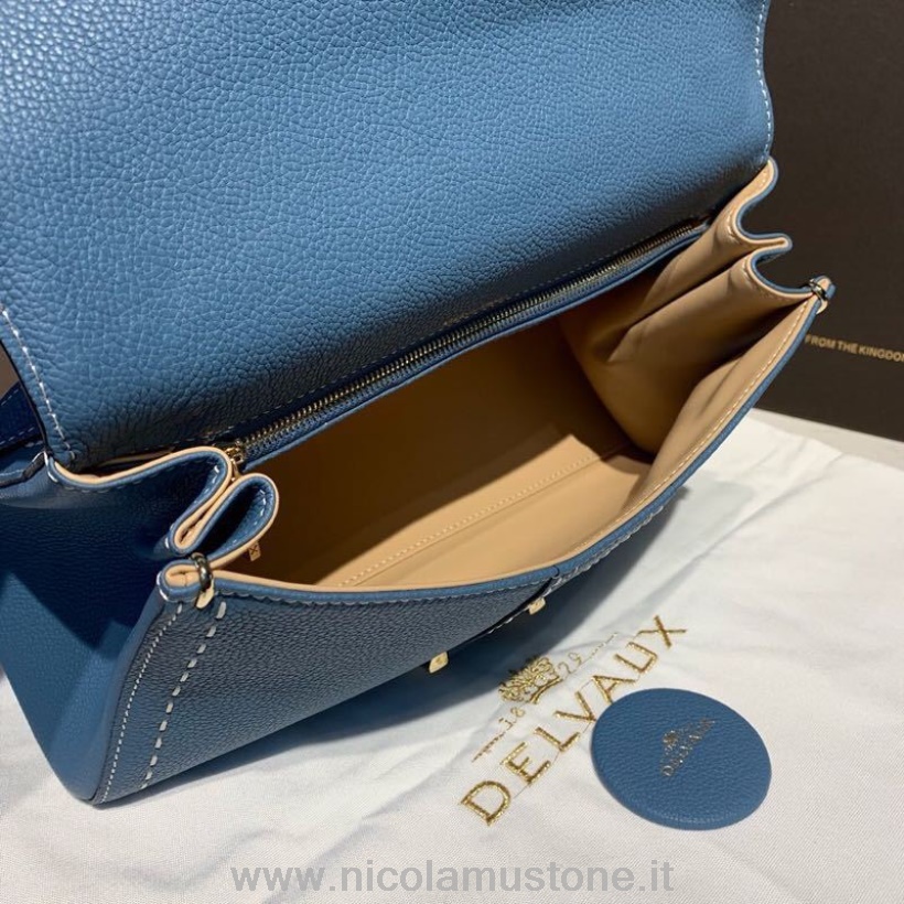 оригинално качество Delvaux Sellier Brillant изток запад капак на чантата 28 см чанта зърнеста телешка кожа златен хардуер есен/зима колекция 2019 синьо