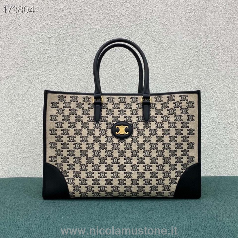 оригинално качество Celine Horizontal Cabas пазарска чанта 43cm Triomphe текстил платно/телешка кожа черна