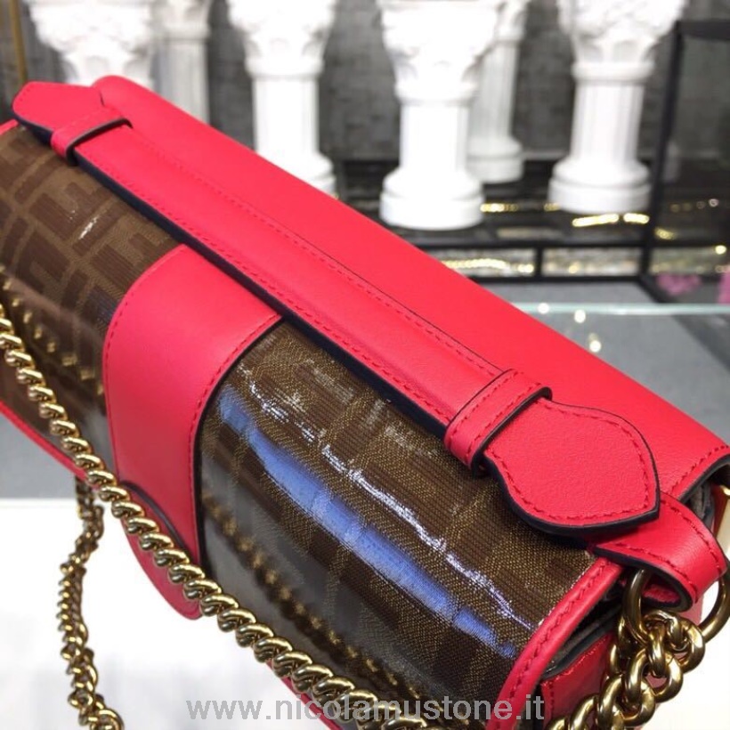 оригинално качество Fendi Double Ff Baguette чанта за рамо 26см телешка кожа пролет/лято 2019 колекция кафяво/червено