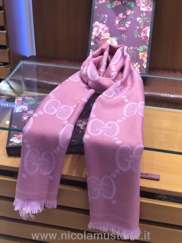 оригинално качество Gucci Gg жакардов шал вълнена коприна 180см колекция есен/зима 2019 розово
