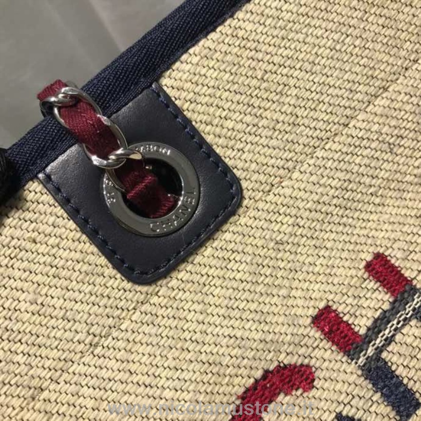 оригинално качество Chanel Deauville Tote 34см платнена чанта колекция пролет/лято 2019 бежово/червено/мулти