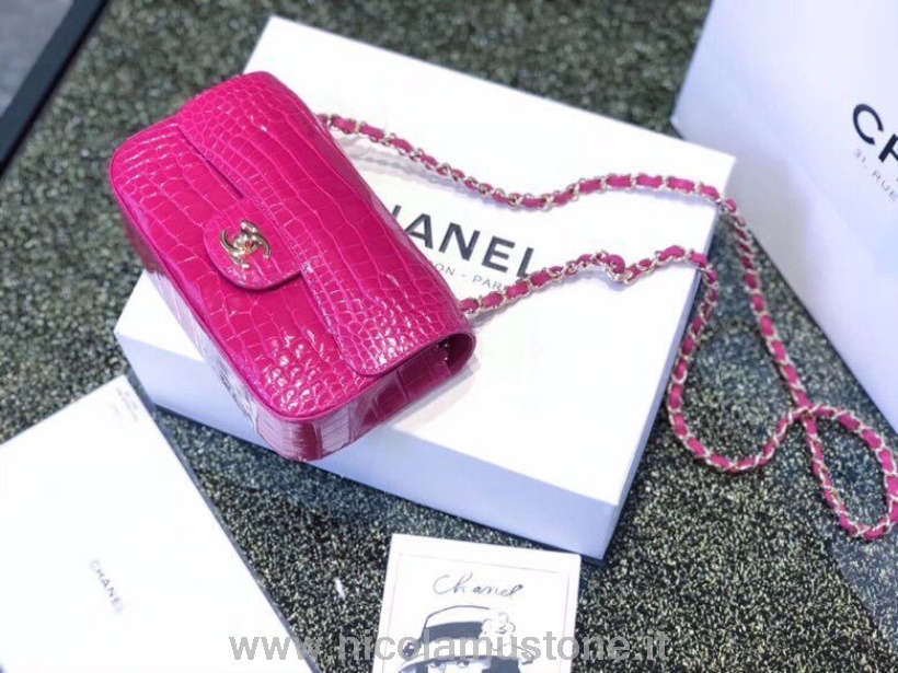 оригинално качество Chanel мини класическа чанта 20см златен хардуер крокодилска кожа пролет/лято 2019 колекция акт 2 фуксия