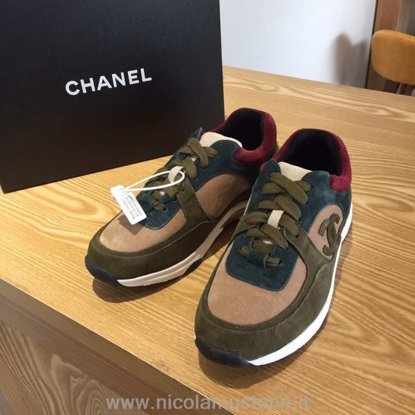 оригинално качество Chanel найлонови маратонки G34360 велур агнешка кожа колекция пролет/лято 2019 маслинено зелено/бежово/бери