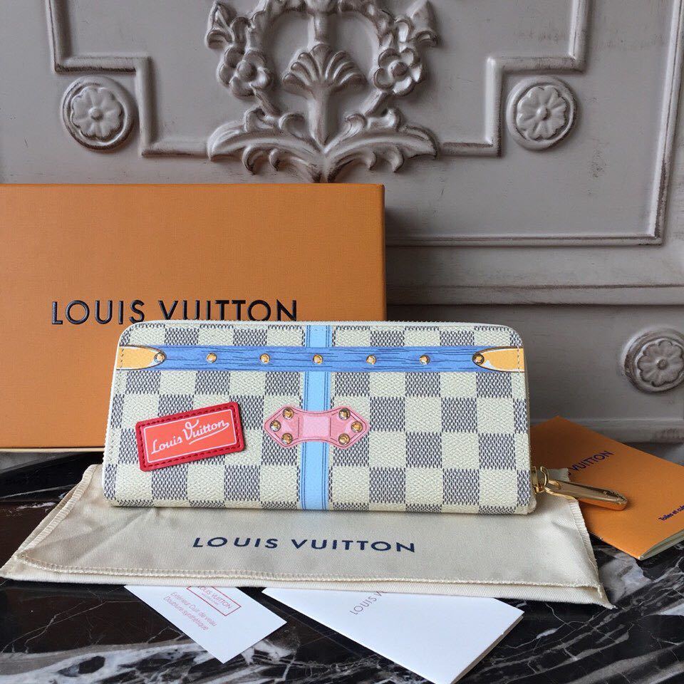 оригинално качество Louis Vuitton Clemence портфейл Trompe Loeil печат Damier Azur платно колекция есен/зима 2018 N60109 розово
