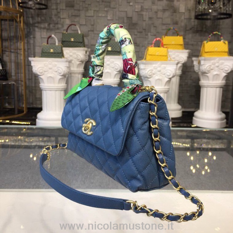 оригинално качество Chanel Coco дръжка ватирана чанта 23см зърнеста телешка кожа златен хардуер пролет/лято 2019 колекция акт 1 синьо