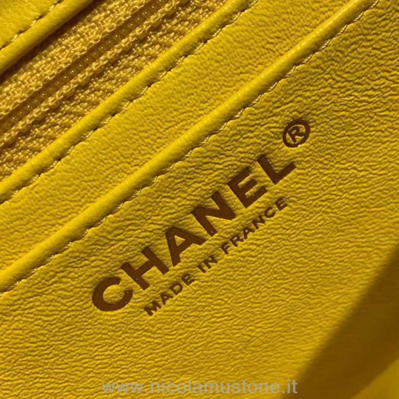 оригинално качество Chanel мини капак 18см агнешка кожа златен хардуер есен/зима 2019 акт 1 колекция жълт