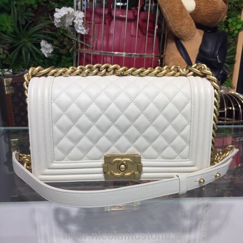 оригинално качество чанта Chanel Leboy 25см хайвер кожа златен хардуер пролет/лято 2018 акт 1 колекция бяла