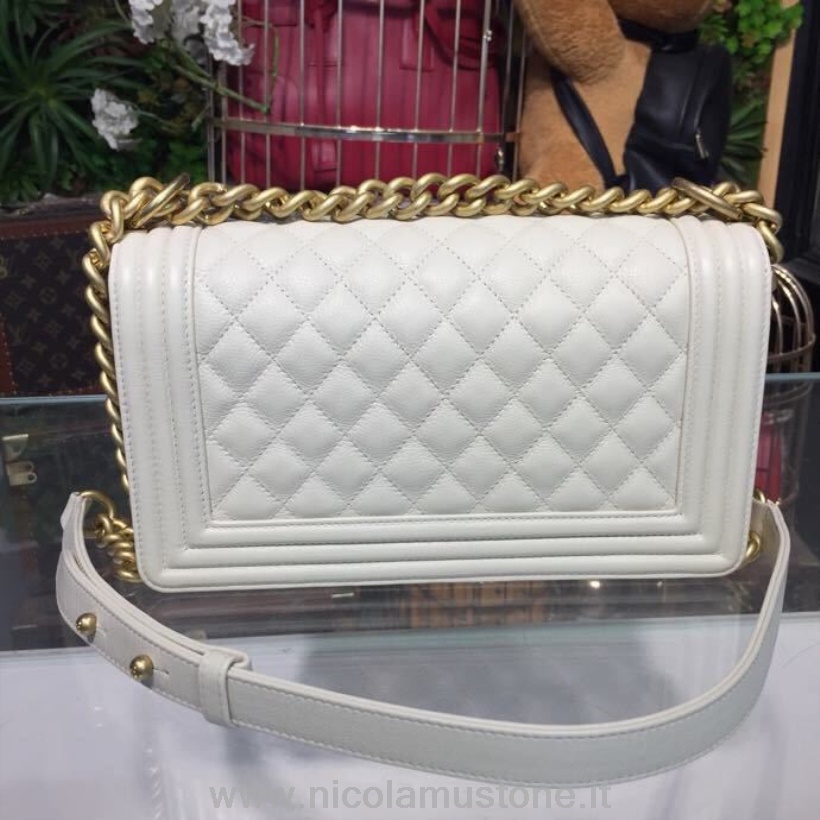 оригинално качество чанта Chanel Leboy 25см хайвер кожа златен хардуер пролет/лято 2018 акт 1 колекция бяла