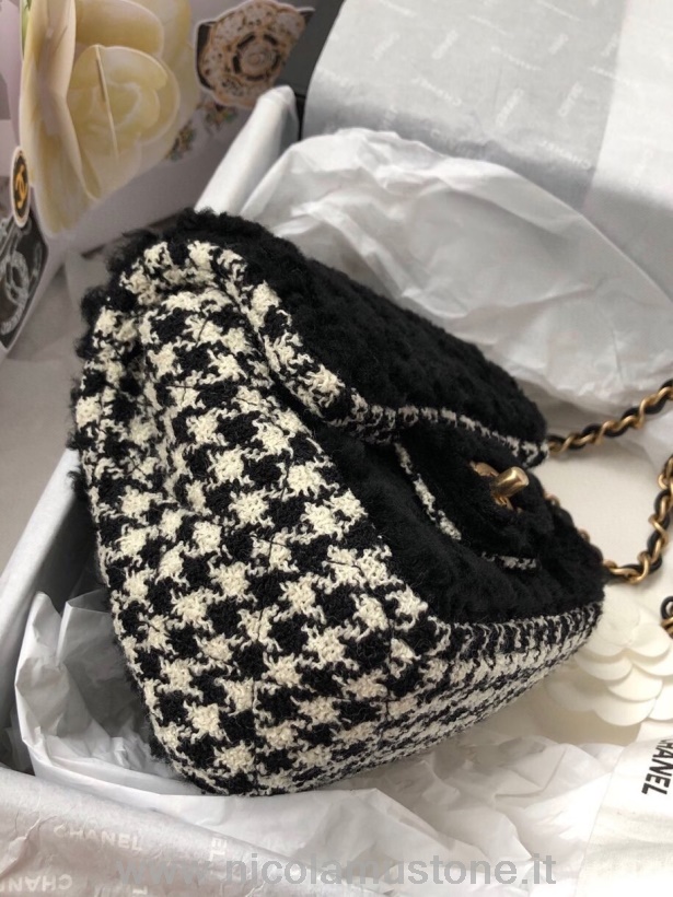 оригинално качество Chanel тъкана чанта 18см вълна/памук златен хардуер есен/зима 2020 колекция черна