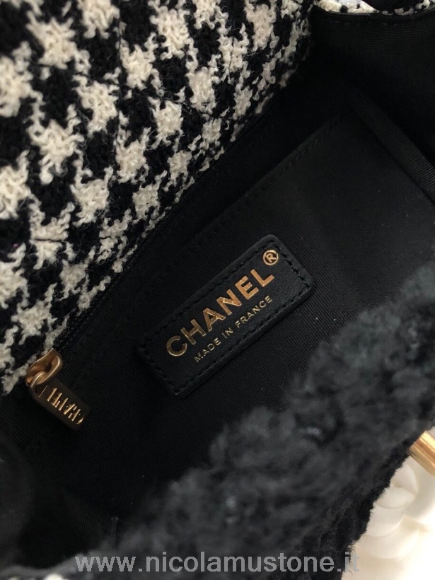 оригинално качество Chanel тъкана чанта 18см вълна/памук златен хардуер есен/зима 2020 колекция черна
