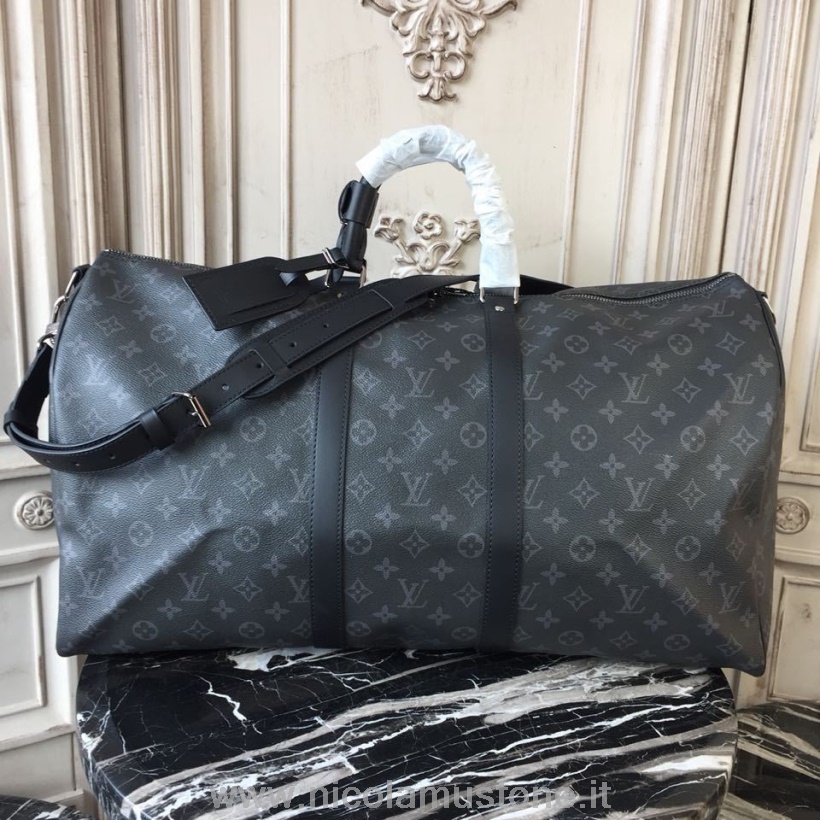 оригинално качество Louis Vuitton Keepall Bandouliere 55 см монограм Eclipse платно есен/зима 2019 колекция N40605 черно