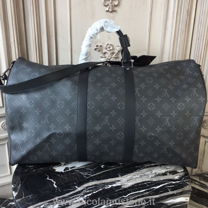 оригинално качество Louis Vuitton Keepall Bandouliere 55 см монограм Eclipse платно есен/зима 2019 колекция N40605 черно