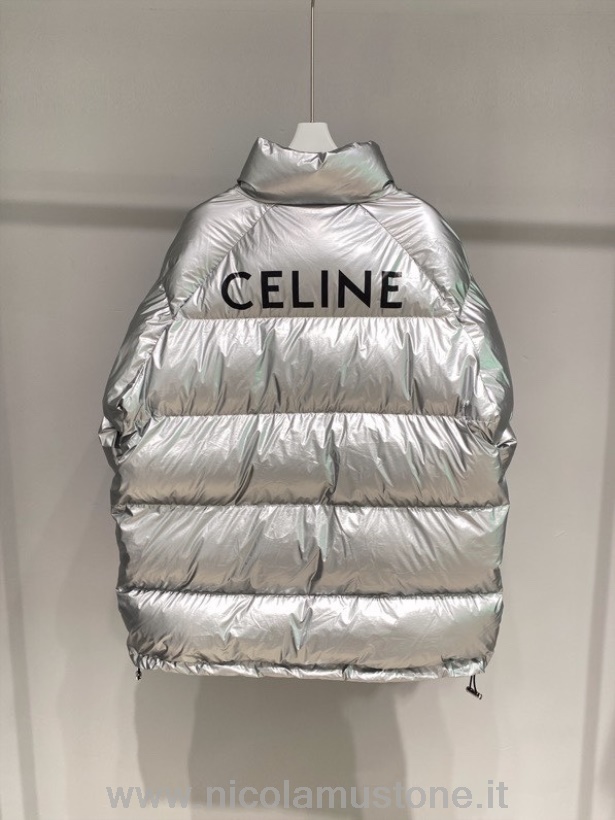 оригинално качество Celine лого оверсайз пухено яке колекция пролет/лято 2022 сребристо
