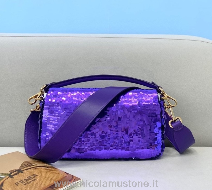 оригинално качество Fendi Ff украсена с пайети багет чанта с горна дръжка 28см колекция пролет/лято 2021 лилаво