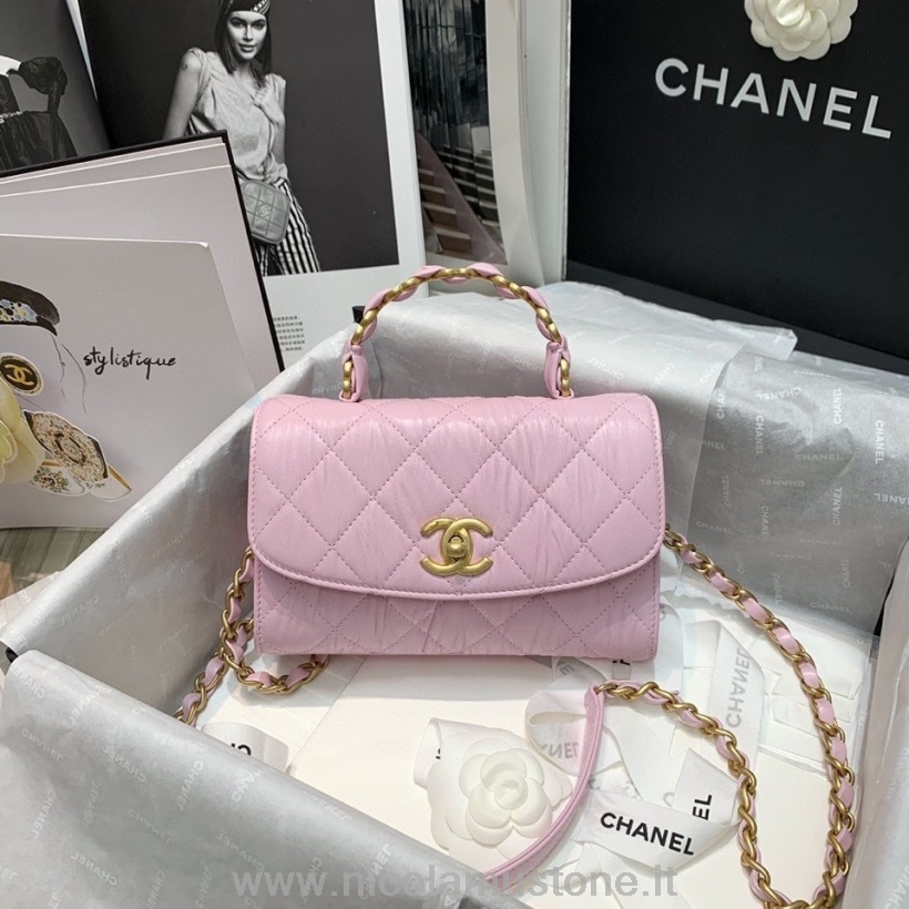оригинално качество Chanel Cc чанта с кожена дръжка 20см As2477 агнешка кожа златен хардуер колекция пролет/лято 2021 светло розово