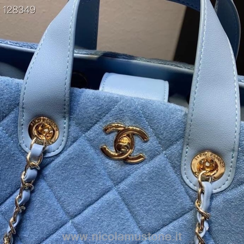 Qualità Originale Chanel Coco Beach Tote Bag 30 Cm Spugna/pelle Di Agnello Hardware Oro Collezione Autunno/inverno 2020 Blu
