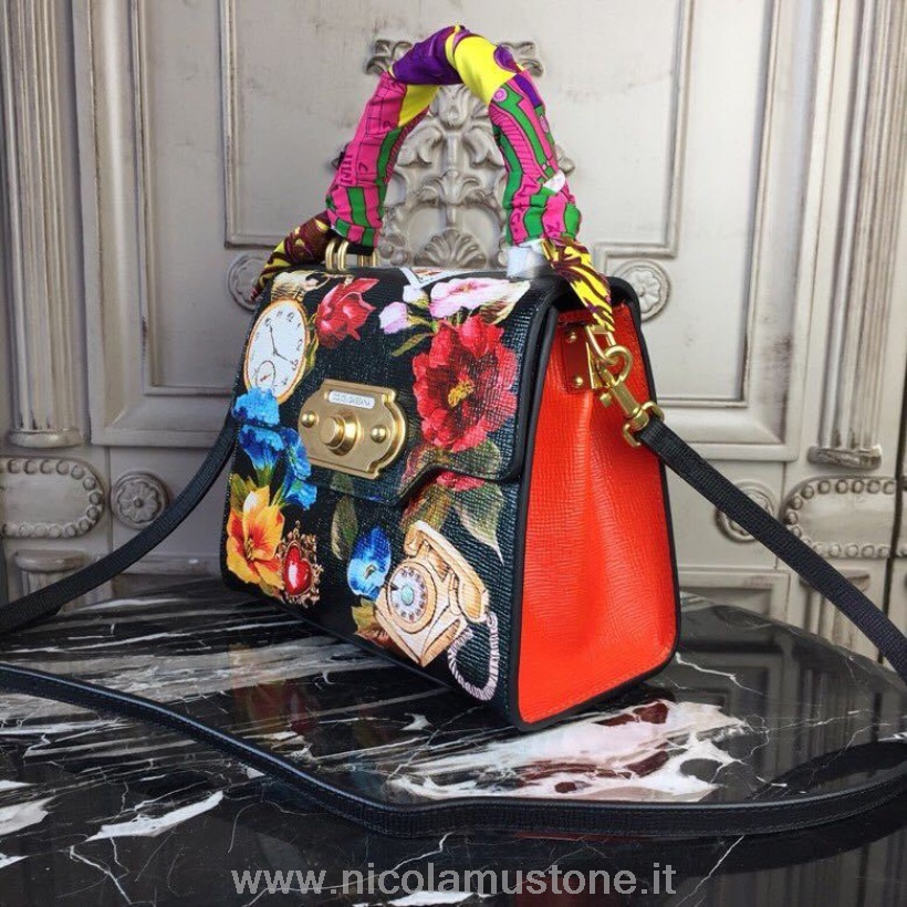 Qualità Originale Dolce Gabbana Borsa Di Benvenuto Dauphine/pelle Di Capra Vintage 24 Cm Pelle Di Vitello Collezione Autunno/inverno 2018 Floreale/telefono/nero