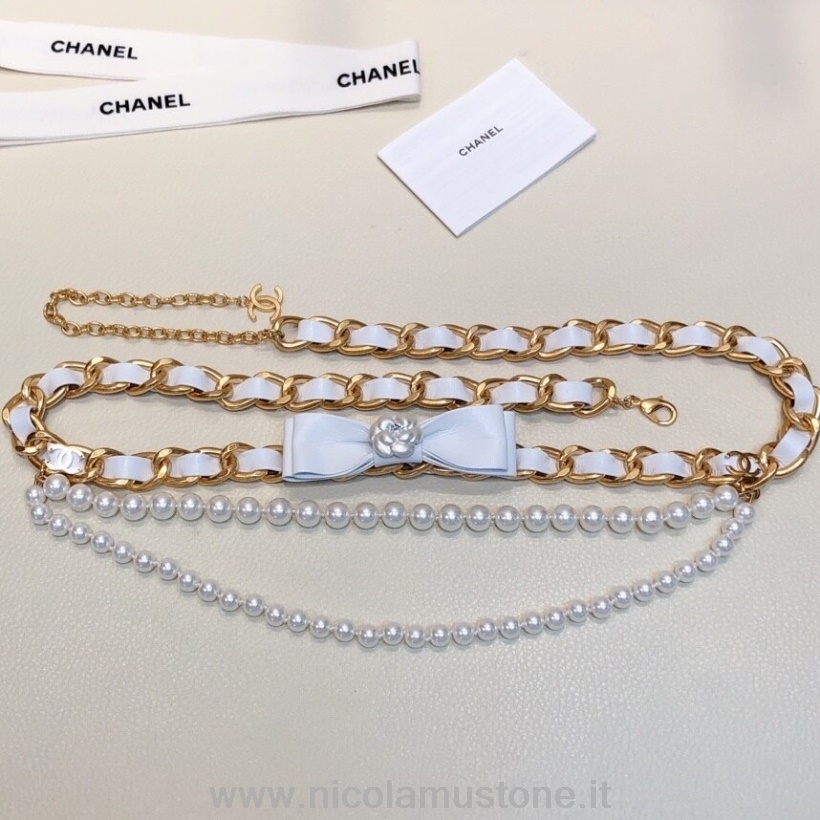 Qualità Originale Chanel Perla Catena Intrecciata 1mm Cintura In Vita Hardware Oro Pelle Di Vitello Collezione Autunno/inverno 2020 Bianco