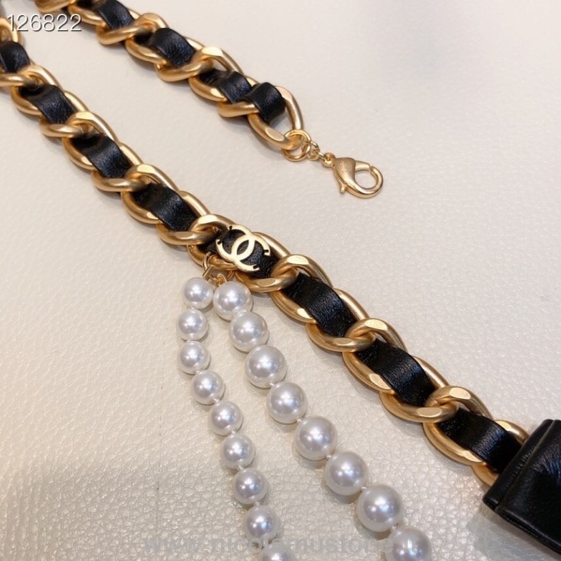 Qualità Originale Chanel Perla Catena Intrecciata 1mm Cintura In Vita Hardware Oro Pelle Di Vitello Collezione Autunno/inverno 2020 Nero