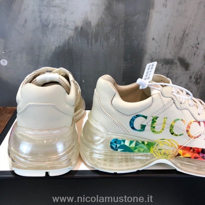Qualità Originale Gucci Logo Rhyton Dad Suola Trasparente Sneakers Pelle Vitello Pelle Collezione Primavera/estate 2020 Bianco/multi