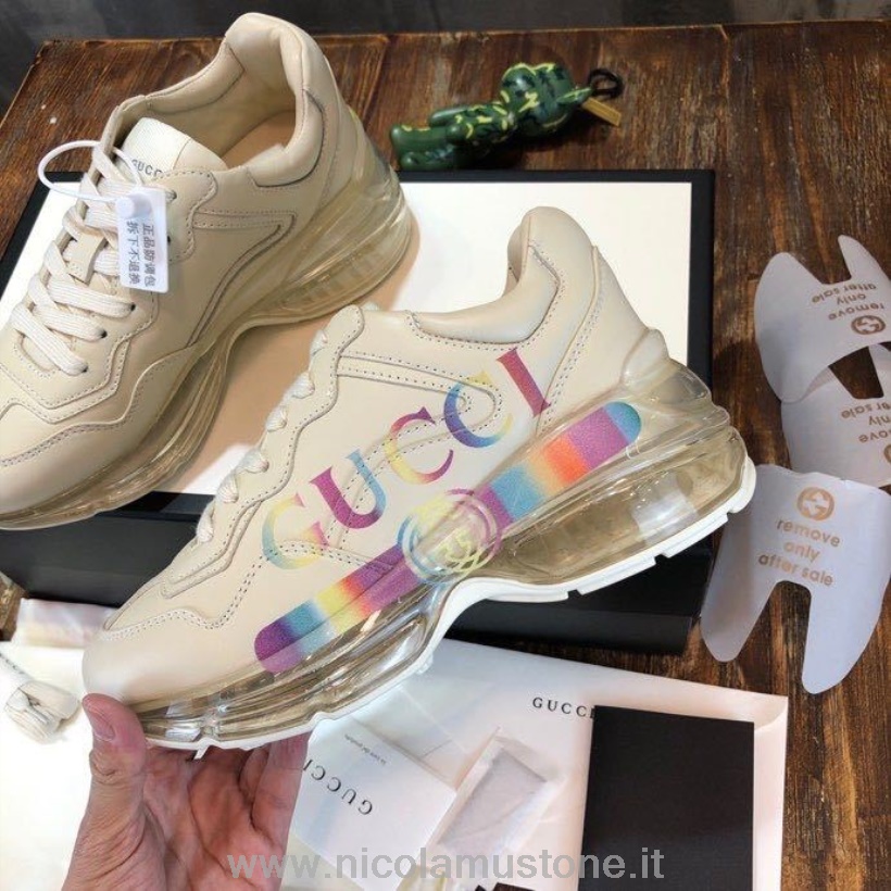 Qualità Originale Gucci Logo Rhyton Dad Suola Trasparente Sneakers Pelle Vitello Pelle Collezione Primavera/estate 2020 Bianco/multi