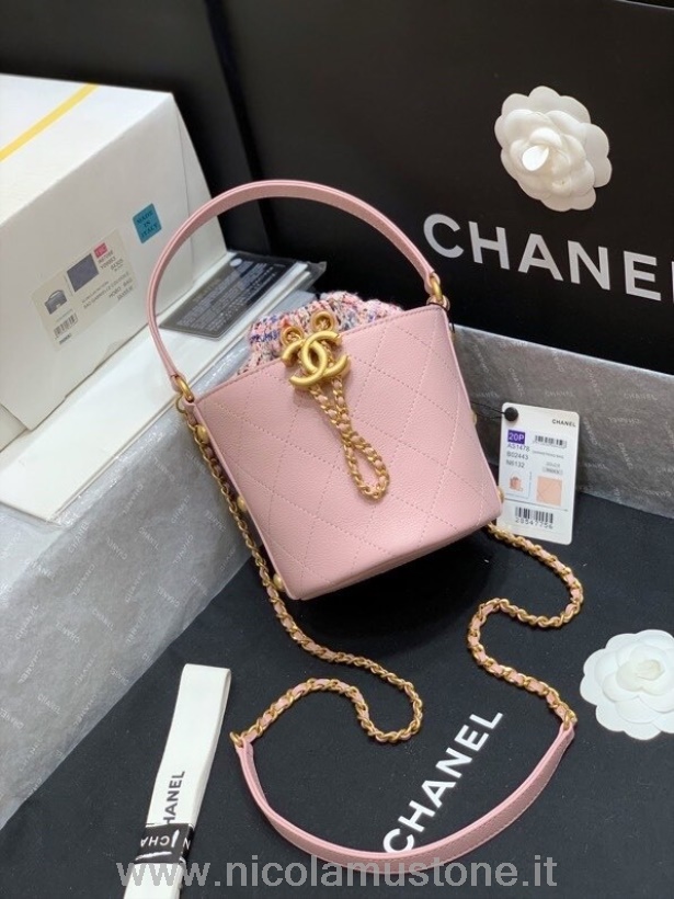 Borsa A Secchiello Chanel Di Qualità Originale 18 Cm As1478 Tweed/pelle Di Vitello Hardware Oro Collezione Autunno/inverno 2020 Rosa