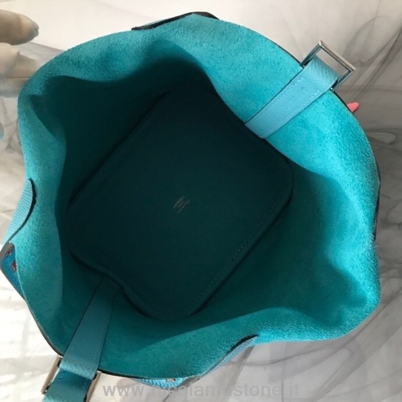 Qualità Originale Hermes Intrecciata In Pelle Picotin Lock Bag 18 Cm Pelle Di Vitello Epsom Hardware Palladio Cucita A Mano Blu Del Nord