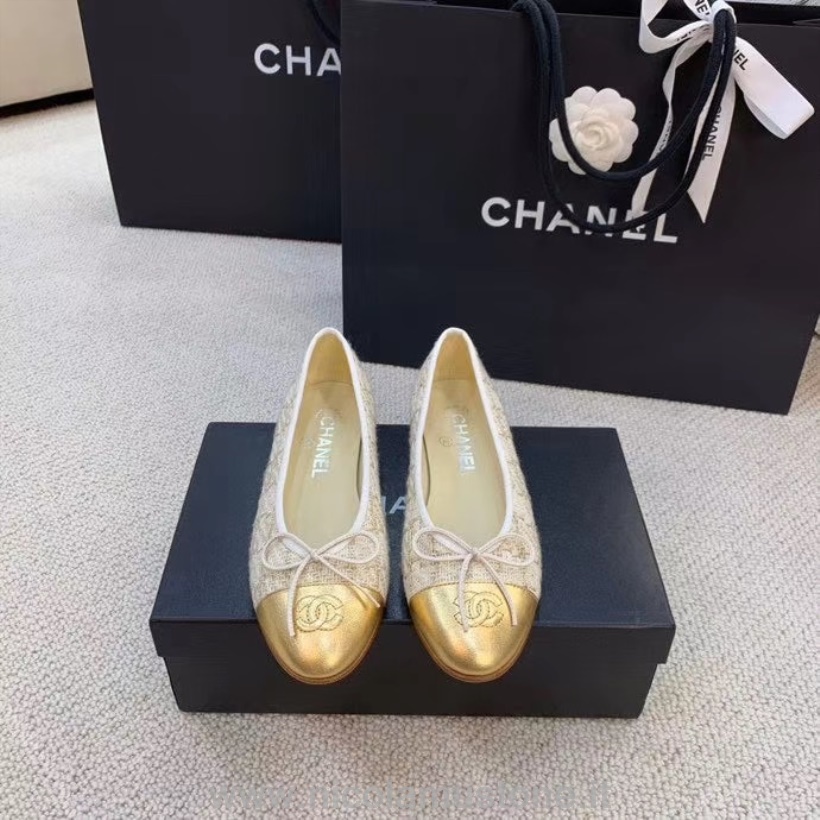 Qualità Originale Ballerine Chanel Tweed Pelle Di Vitello Gros-grain Pelle Collezione Primavera/estate 2020 Oro/beige