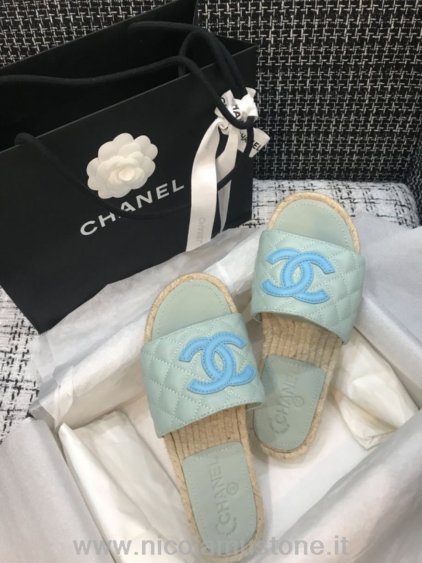 Qualità Originale Chanel Trapuntato Cc Logo Espadrillas Ciabatte Pelle Vitello Pelle Collezione Primavera/estate 2020 Azzurro/blu