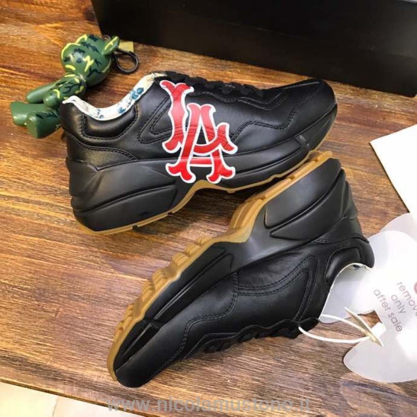 Qualità Originale Gucci Rhyton Ny Dodgers Dad Sneakers 548638 Pelle Di Vitello Pelle Collezione Primavera/estate 2020 Nero