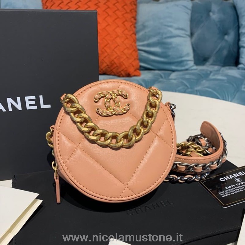 Qualità Originale Chanel Woven Cc Logo Rotondo Portamonete Borsa A Tracolla 12 Cm Pelle Di Capra Hardware Oro Antico Autunno/inverno 2019 Act 1 Collezione Rosa Salmone